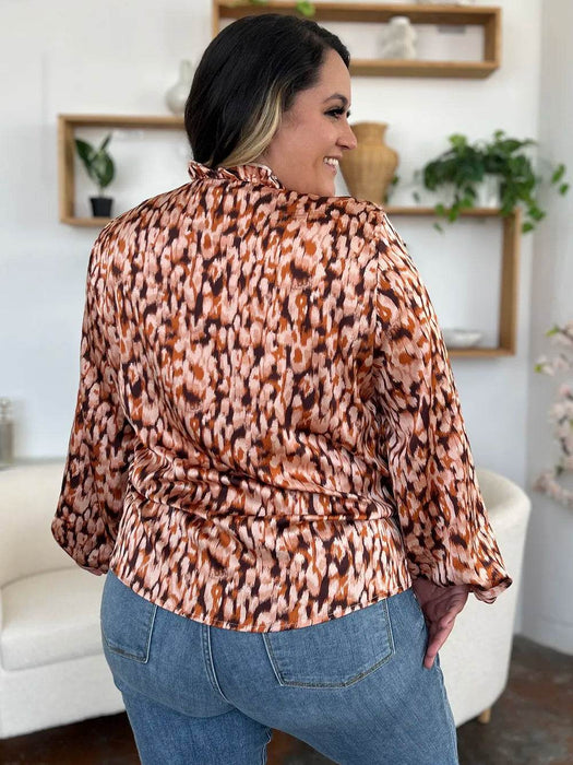 Double Take Full Size Printed Ruffle Trim Balloon Sleeve Shirt - Byyde