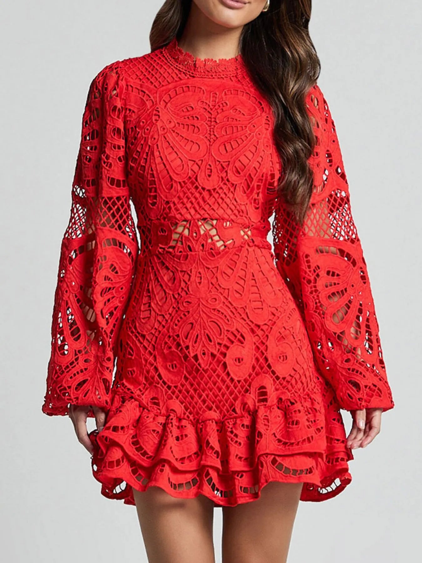 Lace Crochet Long Sleeve Mini Dress - Byyde