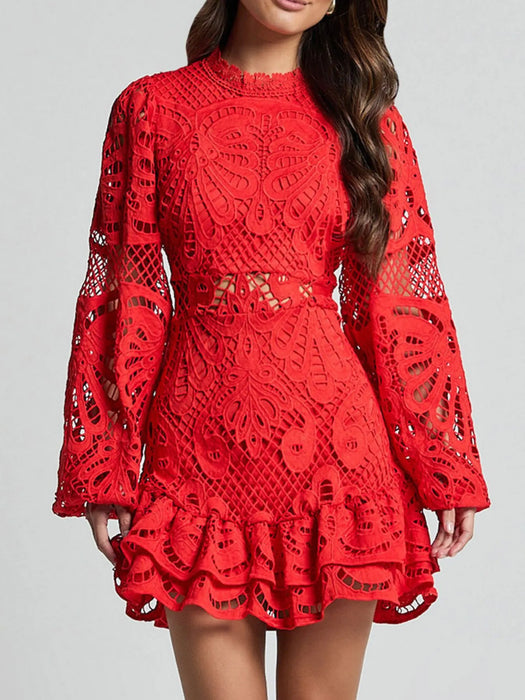 Lace Crochet Long Sleeve Mini Dress - Byyde