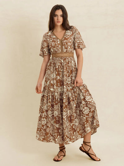Lace Detail Printed Short Sleeve Midi Dress - Byyde