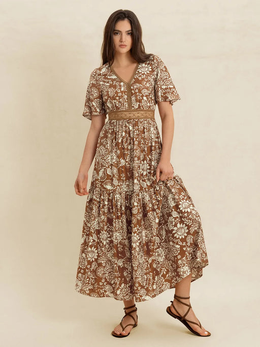 Lace Detail Printed Short Sleeve Midi Dress - Byyde