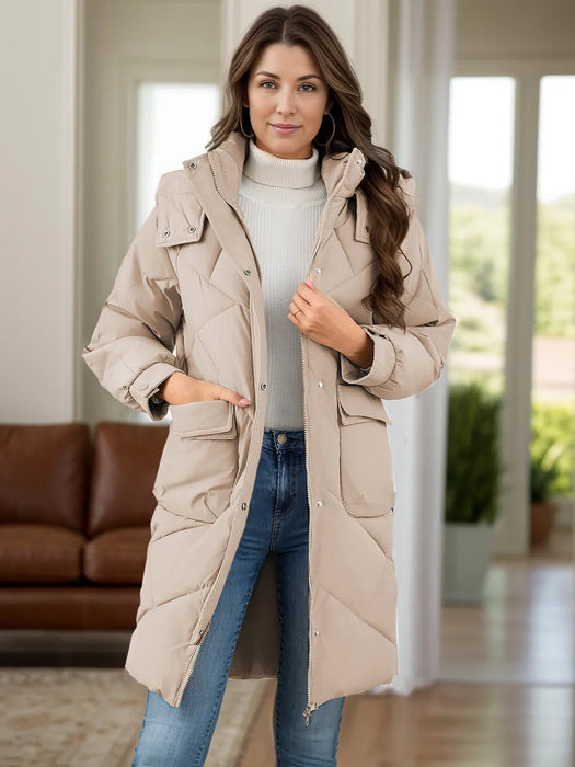 Long Sleeve Longline Hooded Winter Coat with Pockets - Byyde