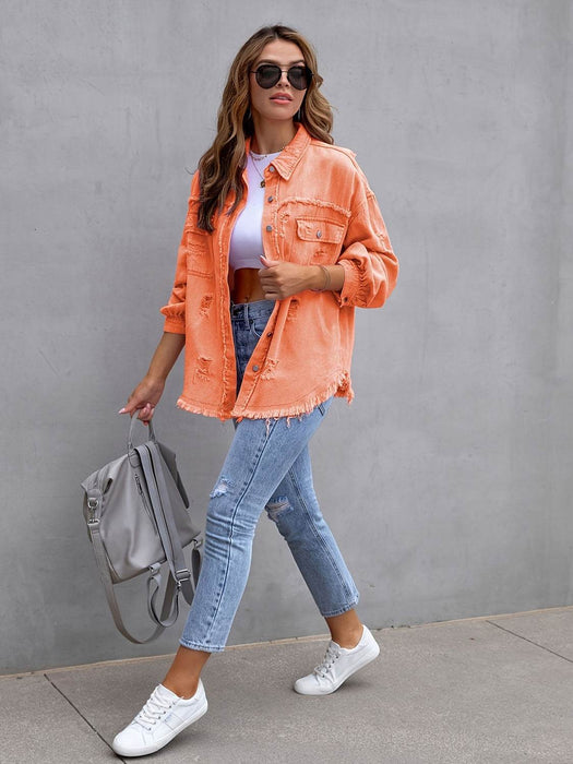 Distressed Drop Shoulder Denim Jacket - Byyde