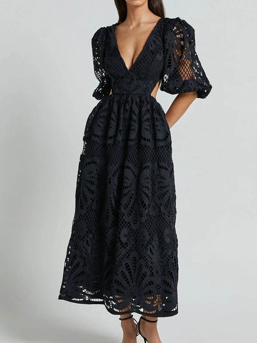 Cutout Back Lace Crochet V-Neck Dress - Byyde