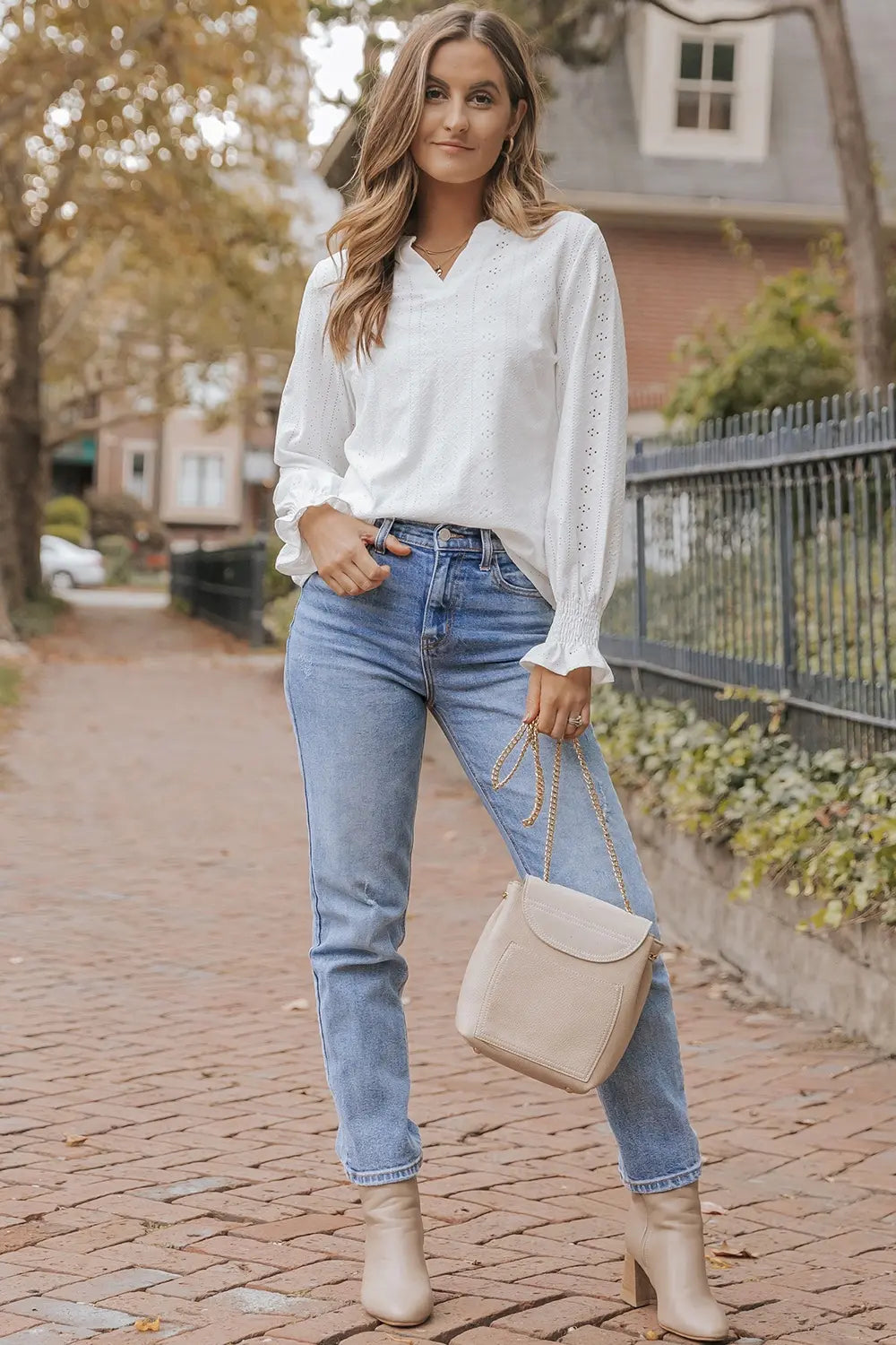 Openwork Notched Flounce Sleeve Blouse - Byyde