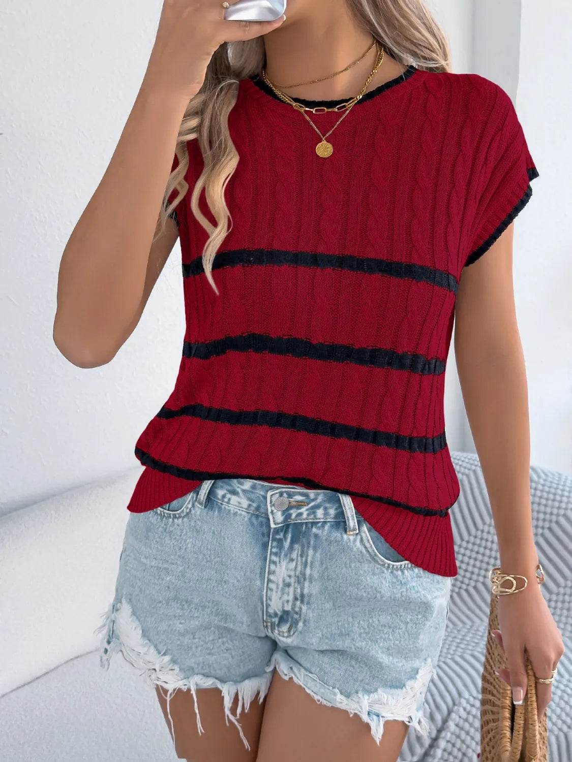 Cable-Knit Striped Round Neck Knit Top - Byyde
