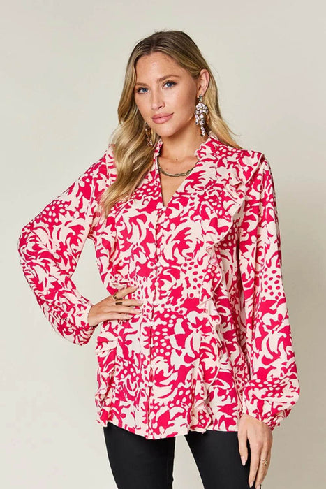 Double Take Full Size Printed Ruffle Trim Balloon Sleeve Shirt - Byyde