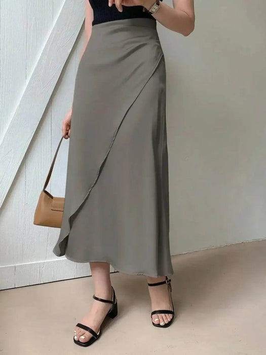 Asymmetric Wrap Midi Skirt with Fluted Hem - Byyde