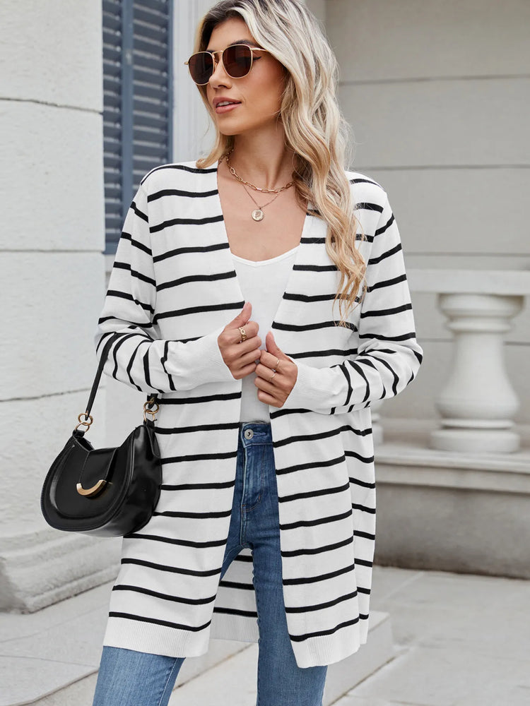 Striped Open Front Cardigan with Relaxed Fit - Byyde