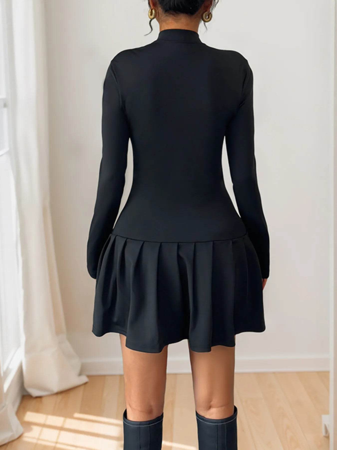 Decorative Button Mock Neck Long Sleeve Mini Dress - Byyde