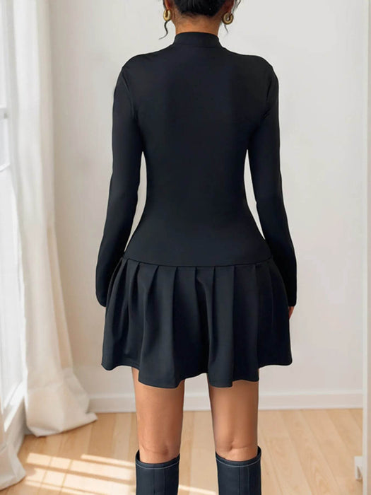 Decorative Button Mock Neck Long Sleeve Mini Dress - Byyde