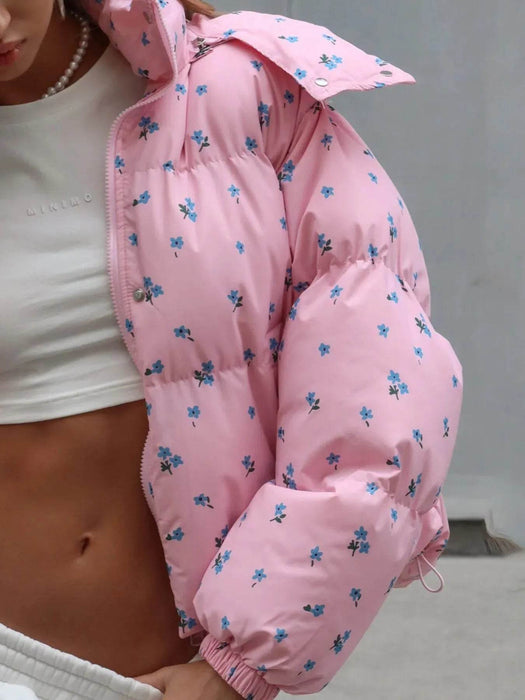 Floral Print Puffer Jacket with Hood - Byyde