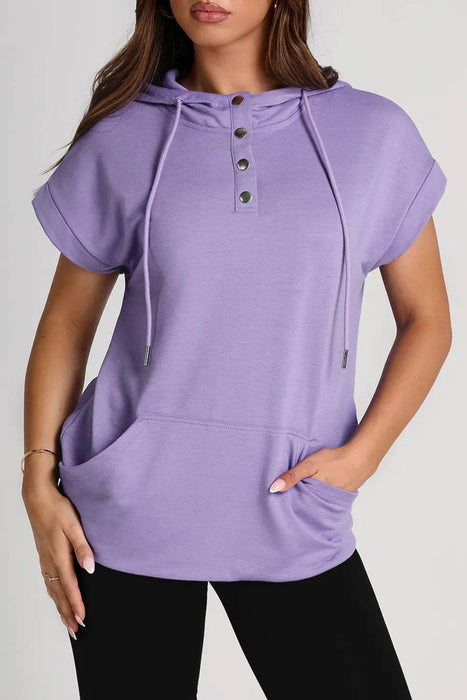 Drawstring Quarter Snap Cap Sleeve Hoodie - Byyde