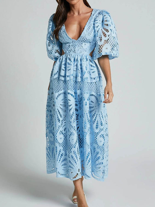 Cutout Back Lace Crochet V-Neck Dress - Byyde
