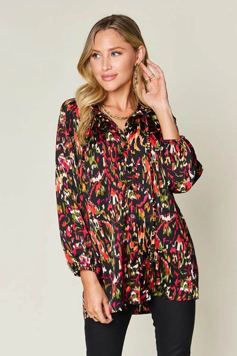 Double Take Full Size Printed Button Up Long Sleeve Shirt - Byyde