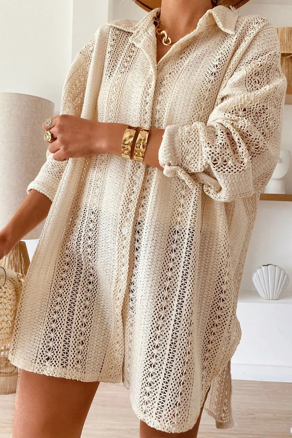 Lace Crochet Collared Neck Oversized Shirt - Byyde