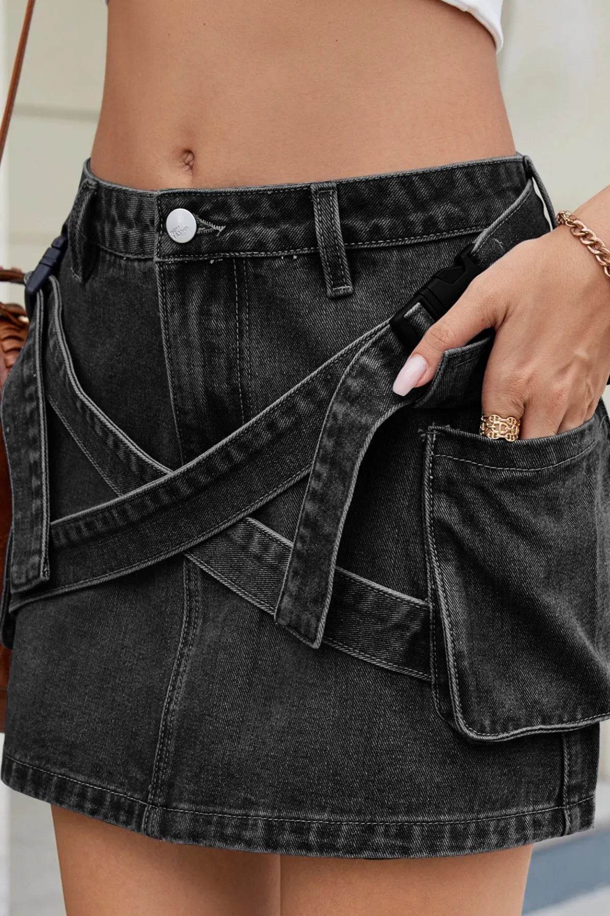 Criss-Cross Waist Detail Denim Mini Skirt - Byyde