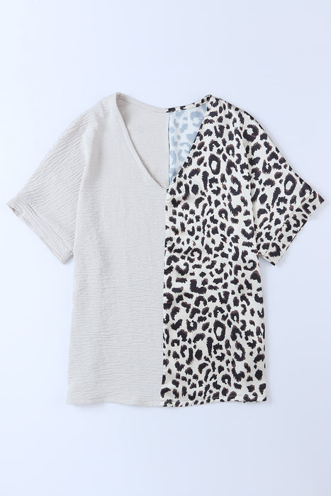 Leopard Color Block V-Neck Blouse - Byyde
