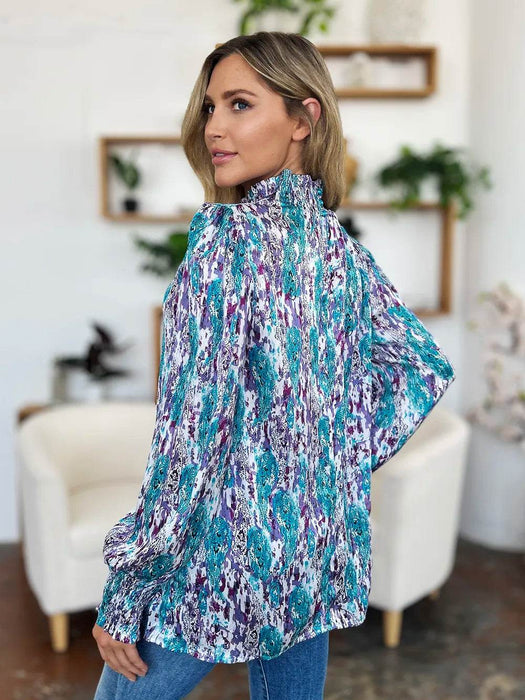 Double Take Full Size Printed Smocked Long Sleeve Blouse - Byyde