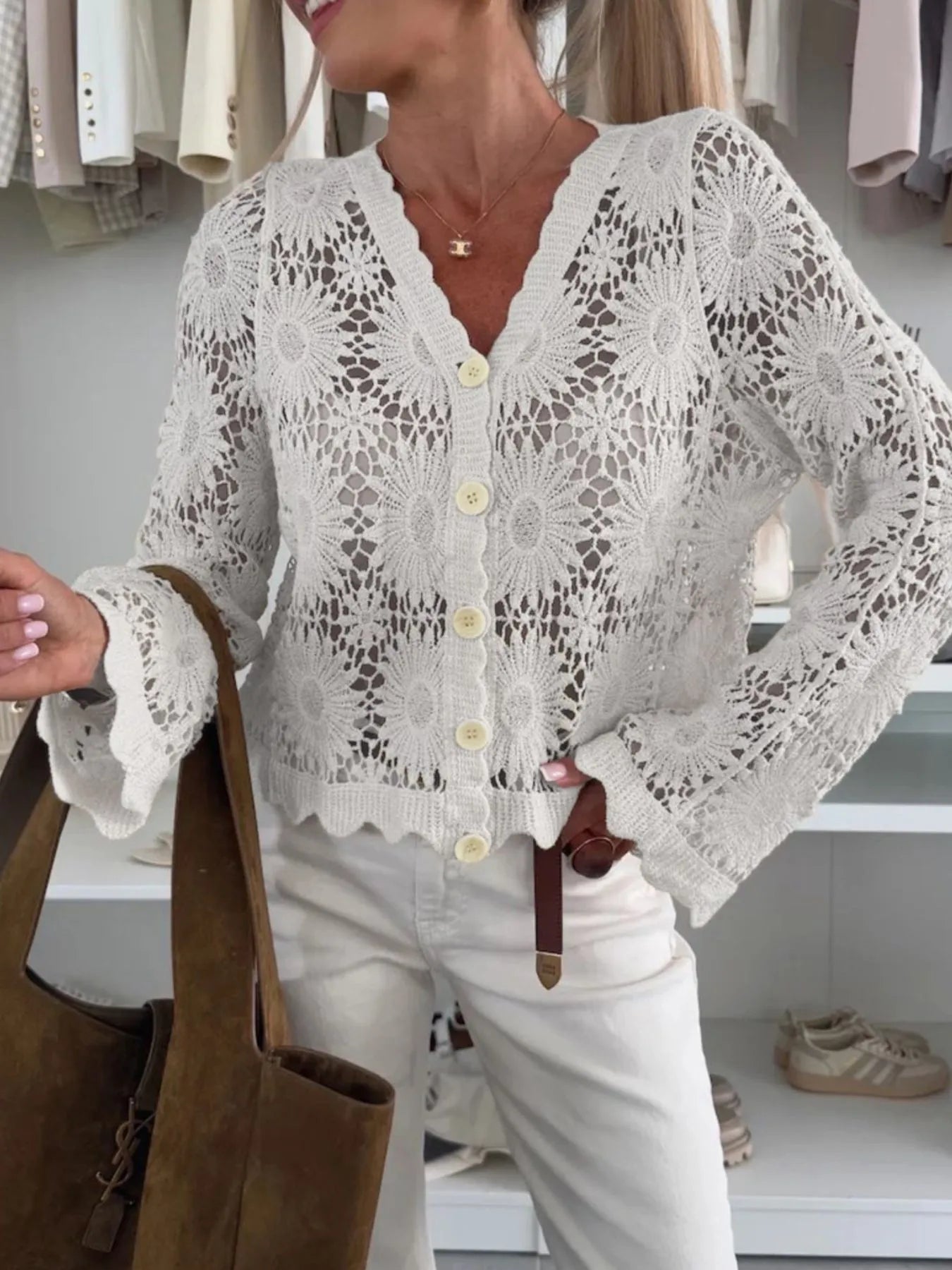 Lace V-Neck Button-Up Cardigan - Byyde