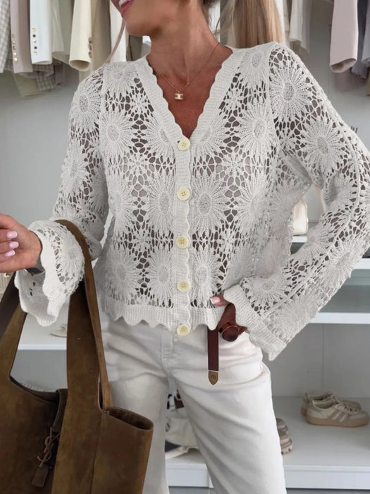Lace V-Neck Button-Up Cardigan - Byyde