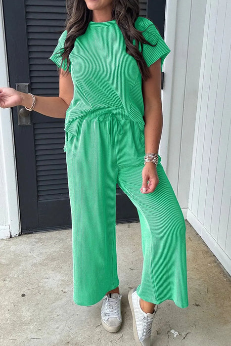 Ribbed Knit Round Neck Top and Pants Casual Set - Byyde