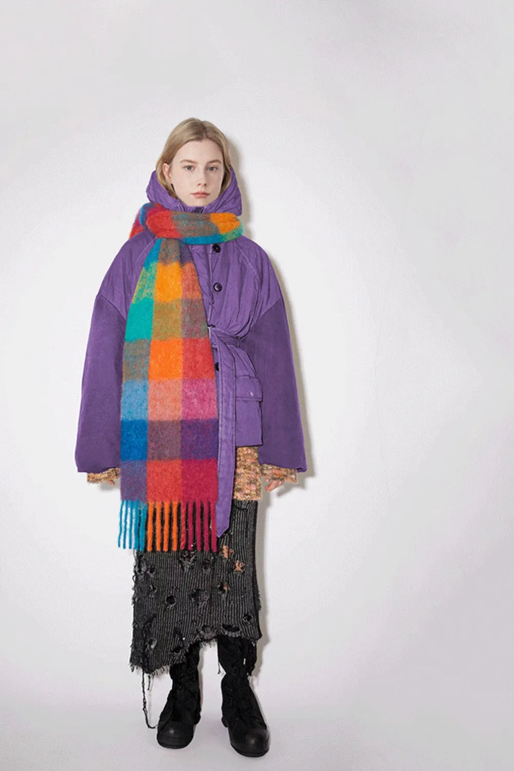 Thermal Fringe Contrast Plaid Scarf - Byyde