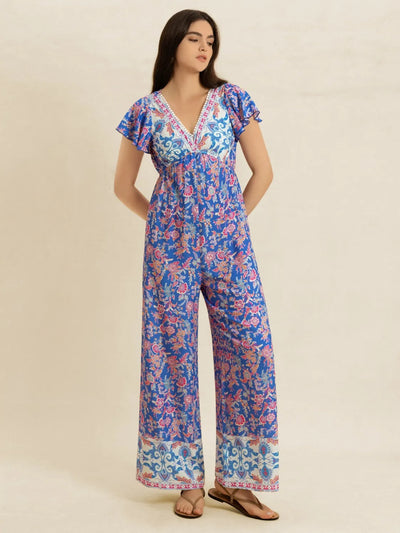 Printed V-Neck Wide Leg Jumpsuit - Byyde