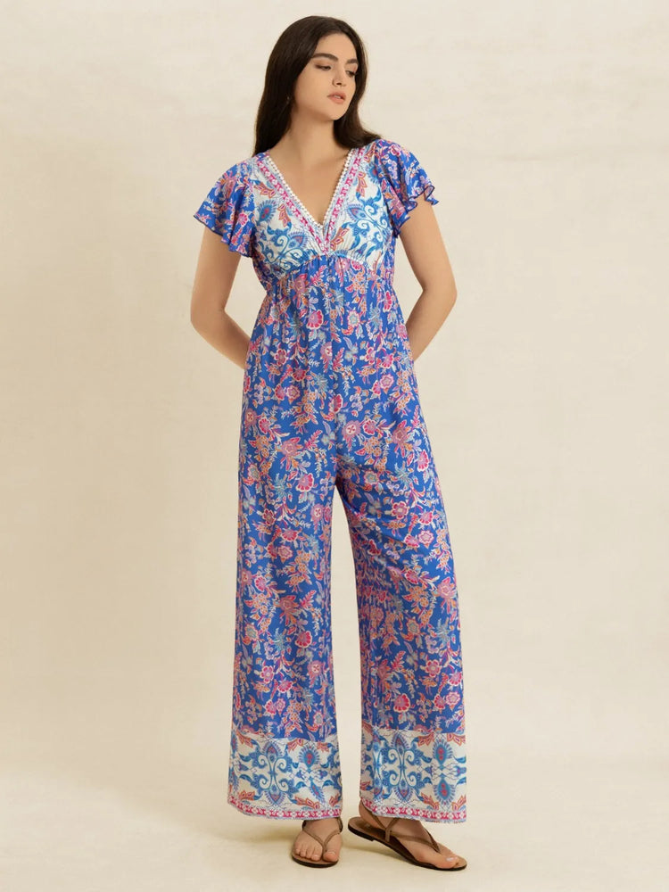 Printed V-Neck Wide Leg Jumpsuit - Byyde