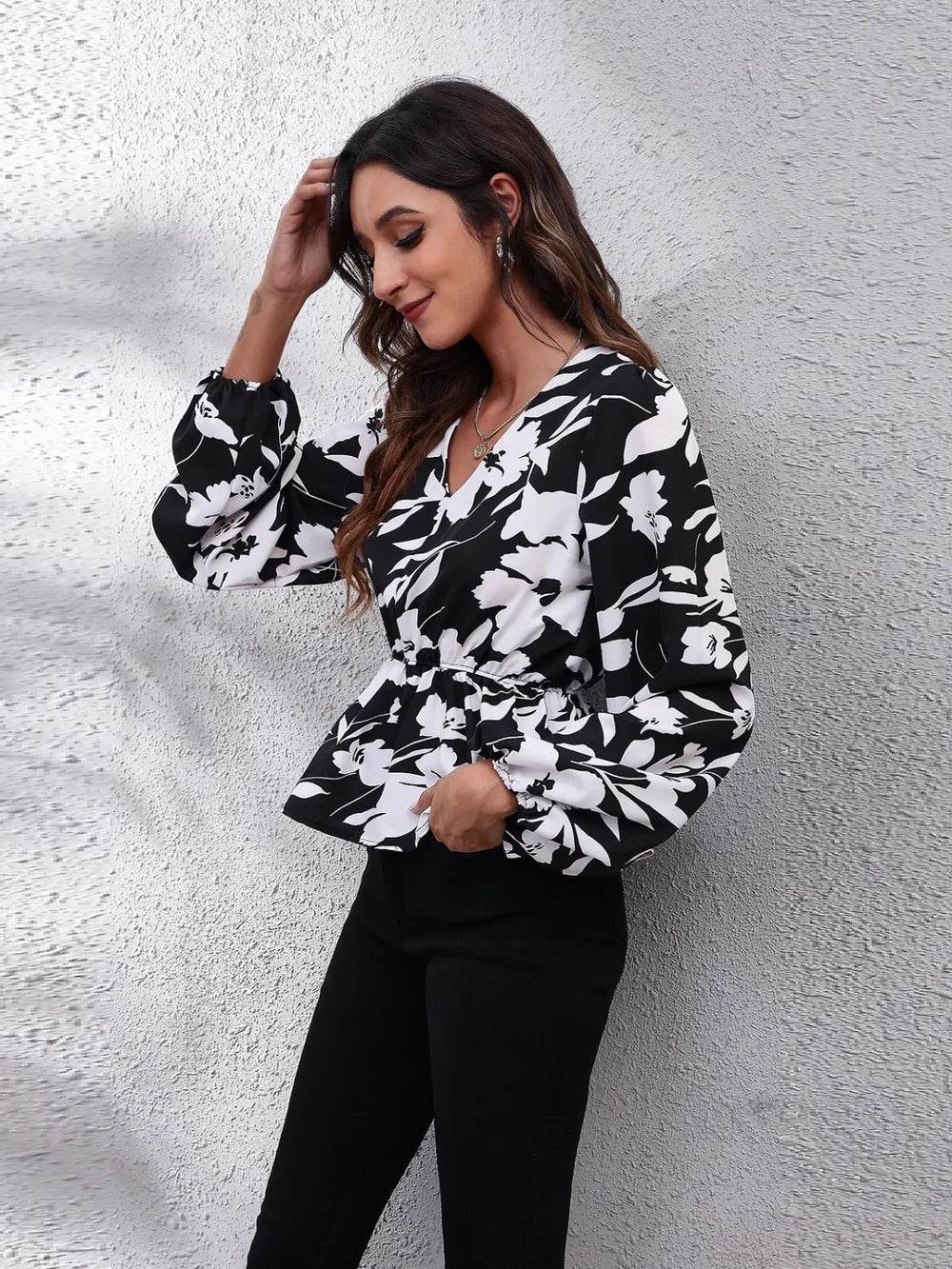 Floral V-Neck Balloon Sleeve Peplum Blouse - Byyde