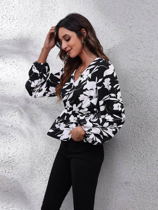 Floral V-Neck Balloon Sleeve Peplum Blouse - Byyde