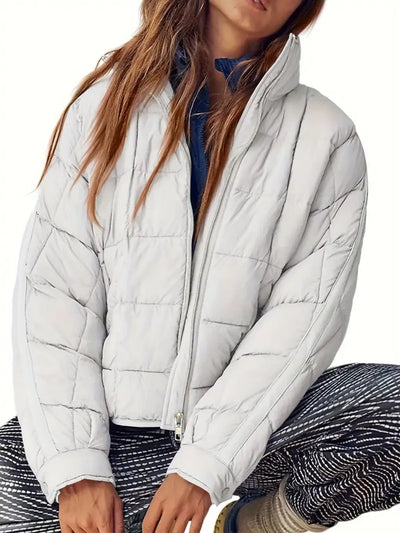 Pocketed Plaid Quilted Zip Up Winter Coat - Byyde