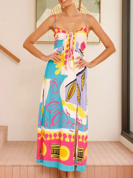 Tied Front Printed Slit Maxi Cami Dress - Byyde