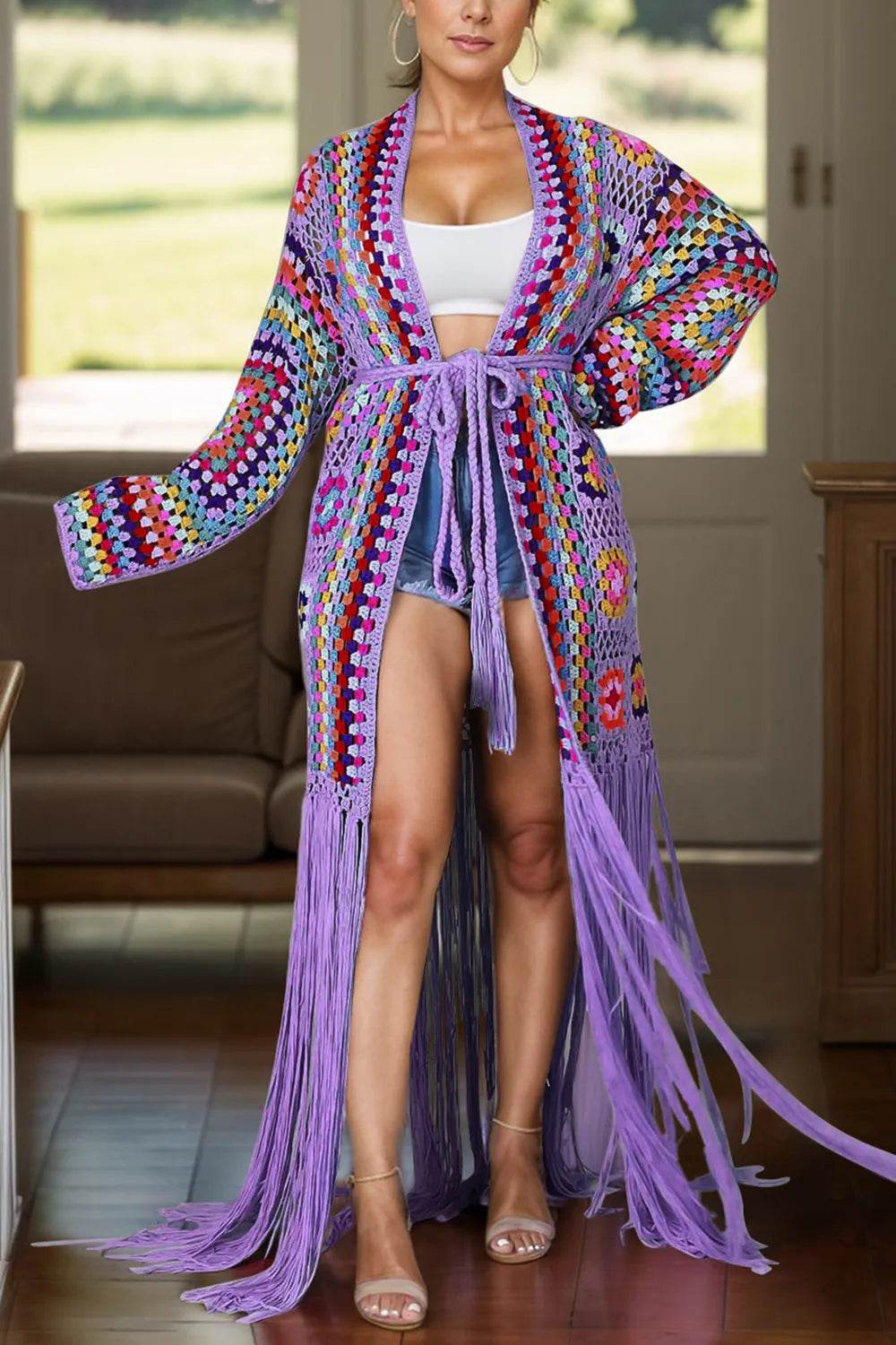 Fringe Tied Long Sleeve Cardigan - Byyde