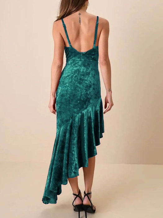 Asymmetrical Velvet Cami Dress with Ruffle Hem - Byyde