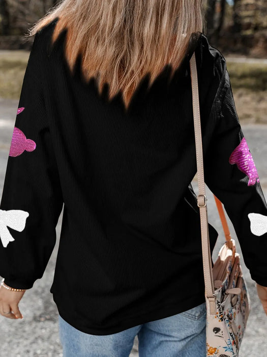 Sequin Bunny Bow Easter Corded Rib Sweatshirt - Byyde