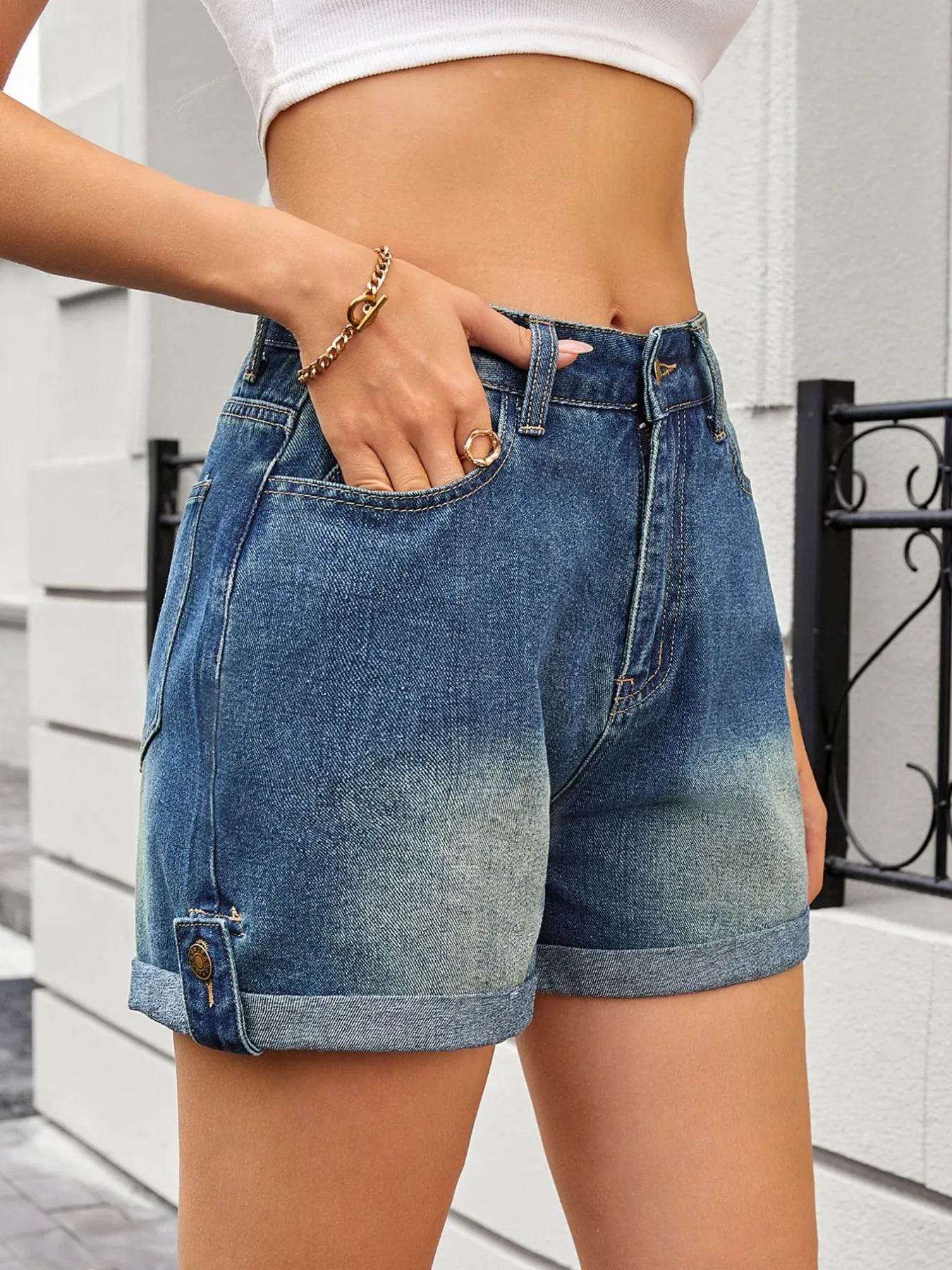 High Waist Rolled Hem Gradient Denim Shorts - Byyde