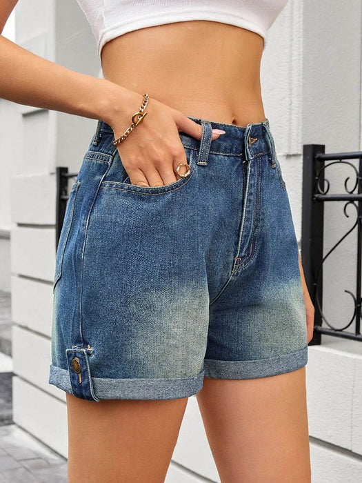 High Waist Rolled Hem Gradient Denim Shorts - Byyde