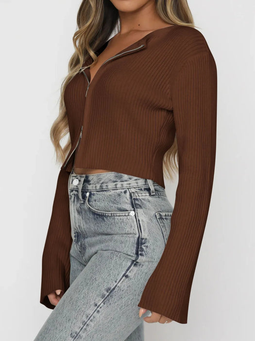 Ribbed Zip-Up Cropped Cardigan - Byyde