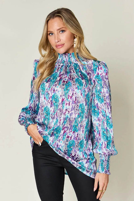 Double Take Full Size Printed Smocked Long Sleeve Blouse - Byyde