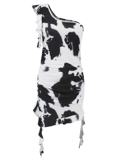 Ruffled Tie-Dye Single Shoulder Mini Dress - Byyde