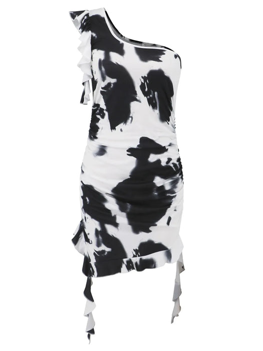 Ruffled Tie-Dye Single Shoulder Mini Dress - Byyde