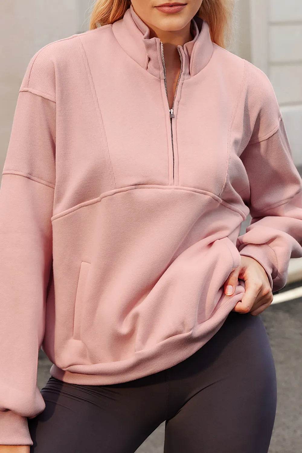 Half Zip Drop Shoulder Long Sleeve Sweatshirt - Byyde