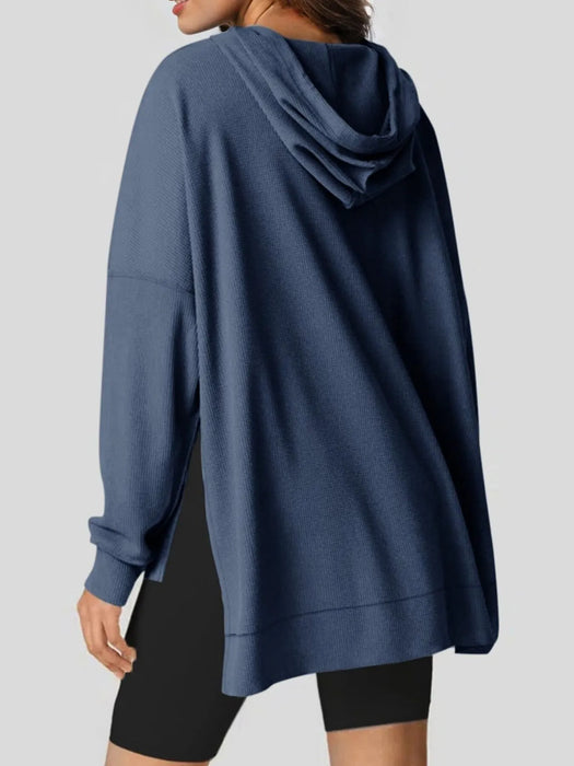 Slit Drawstring Waffle Knit Hoodie - Byyde
