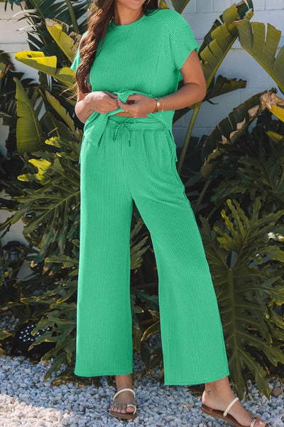 Ribbed Knit Round Neck Top and Pants Casual Set - Byyde