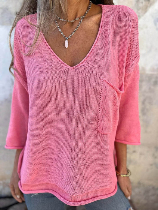 Full Size Casual V-Neck Knit Sweater Plus Size - Byyde