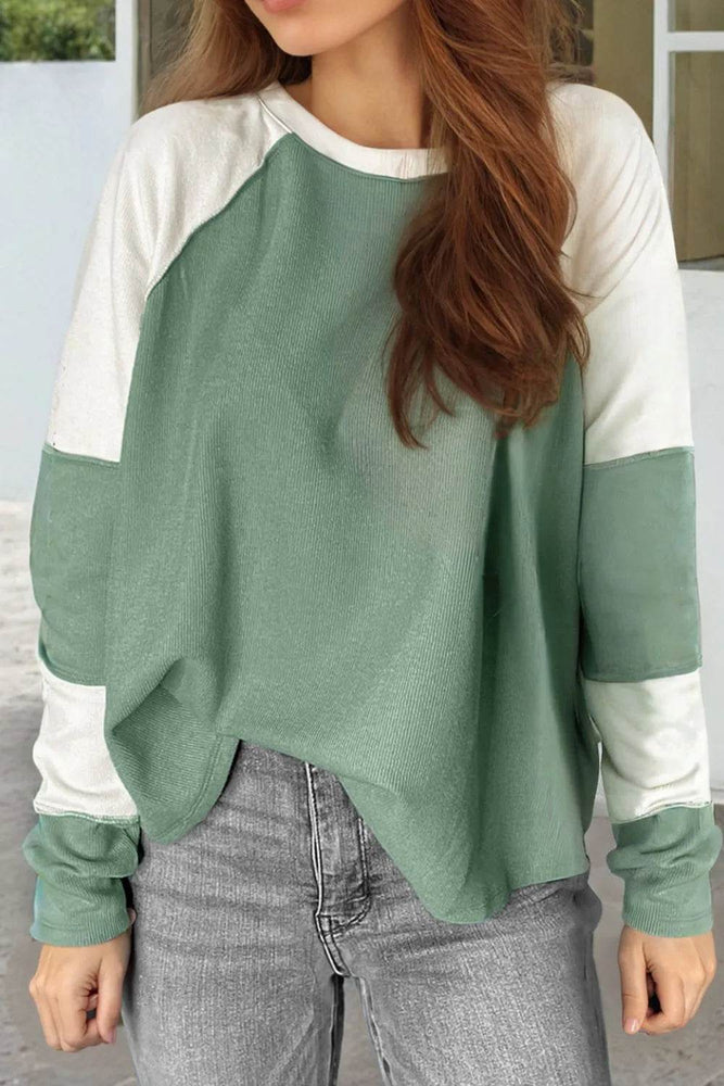 Color Block Round Neck Raglan Sleeve Top - Byyde