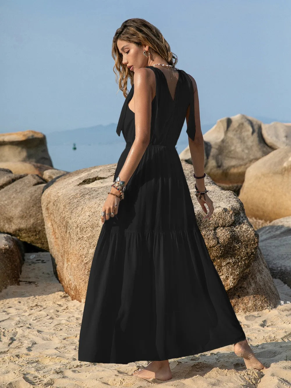 V-Neck Tie Shoulder Crochet Maxi Dress - Byyde