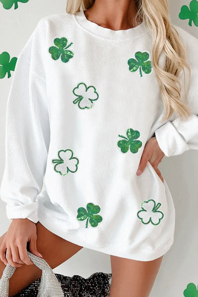 Sequin Lucky Clover Round Neck Long Sleeve Sweatshirt - Byyde