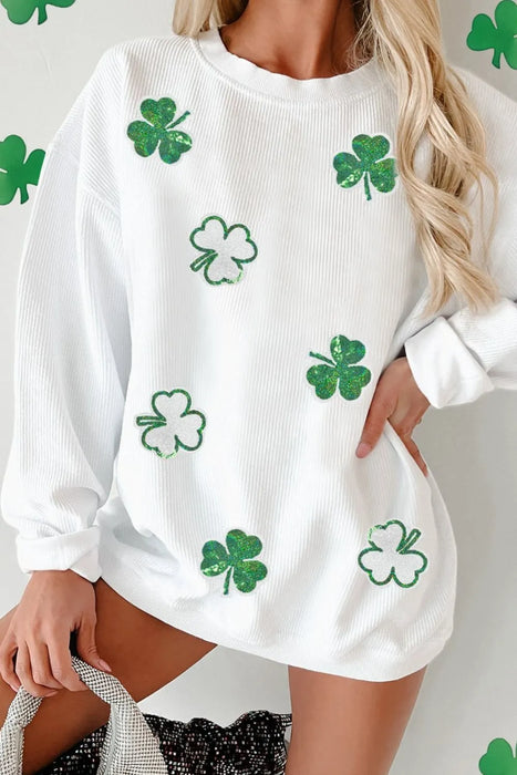 Sequin Lucky Clover Round Neck Long Sleeve Sweatshirt - Byyde